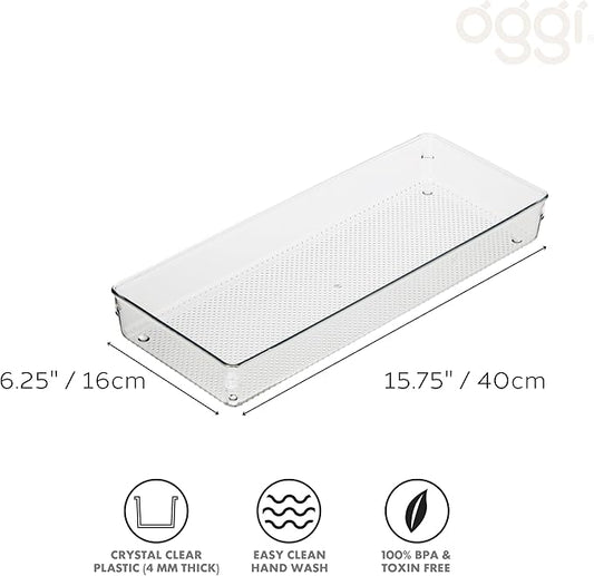 Oggi Clear Drawer Organizer - 6" X 15" - Ideal for Organizing Kitchen Drawers, Office, Desk, Silverware, Kitchen Utensils, Cosmetics and Bathrooms (Pack of 2)