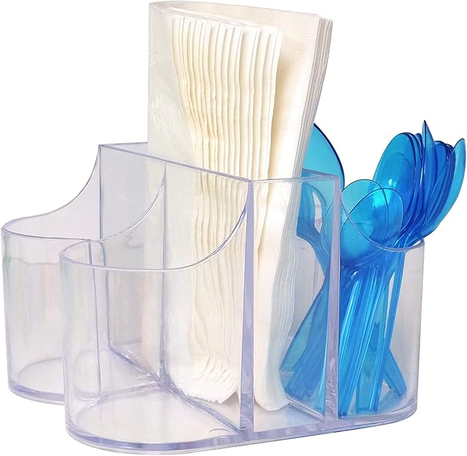 Home Collection 5 Compartment Classic Acrylic Napkin Holder with Cutlery Organizer Caddy Bin, For Spoons, Forks, Knives & Cups Divided Storage!