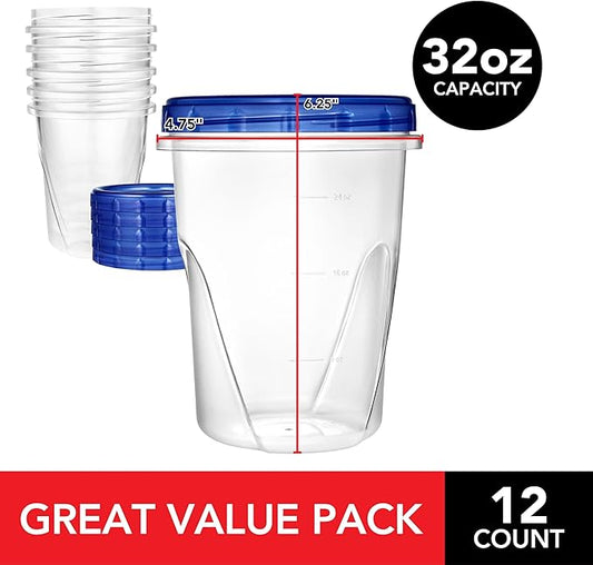 Stock Your Home 32oz Plastic Containers with Twist Top Lids (12 Pack), Quart Freezer Containers with Airtight Lids for Leftover Food, Microwave and Dishwasher Safe