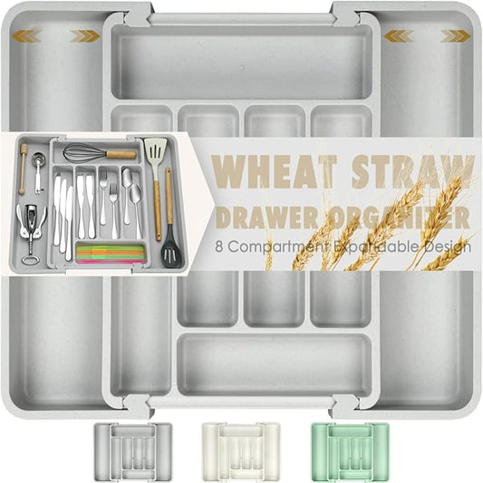 FANCILLA Silverware Organizer for Kitchen Drawers, Wheat Straw Large Expandable Utensil Drawer Organizer, BPA Free Adjustable Cutlery Holder, Dishwasher Safe Flatware Tray, 6-8 Slots (Gray)