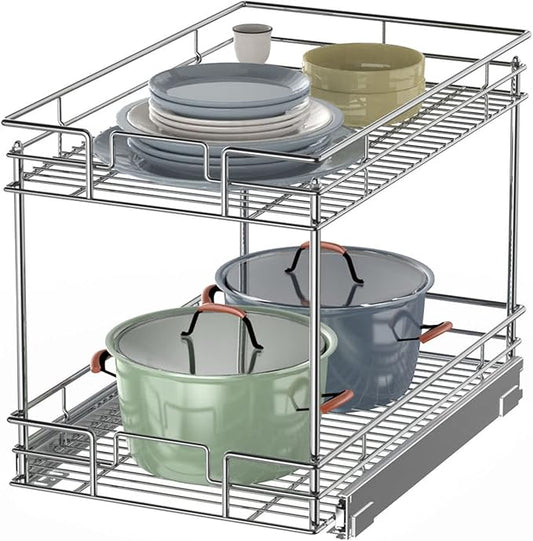 LOVMOR 2-Tier Pull Out Cabinet Organizer, 17" W x 21" D, Chrome Pull Out Drawer for Base Cabinet Silver