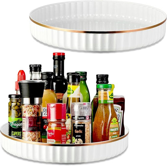 12 Inch 2 Pack Fluted Lazy Susan Turntable Organizer for Cabinet, Kitchen, Pantry, Fridge,Countertop, 360 Rotating Non-Skid Wavy Spinning Rack Food Storage Container for Spices,Condiments,Snacks-White