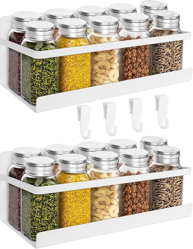 Magnetic Spice Rack for Refrigerator, 2 Pack Magnetic Shelf Fridge Organizer for Spice Jars, Magnet Shelves Seasoning Spice Holder with 4 Hooks for Kitchen White Board Pantry Organizers and Storage