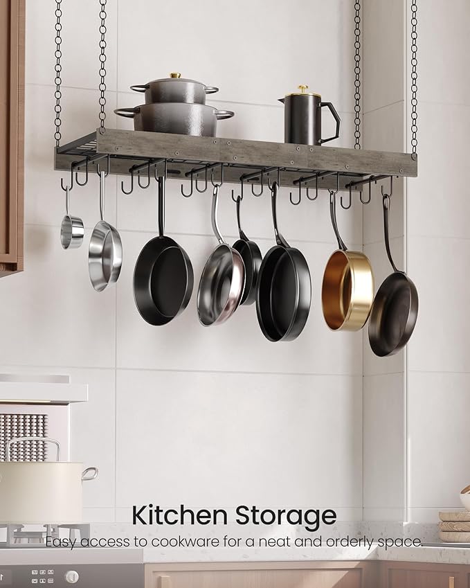 Hanging Pot Rack, Ceiling Wall Mounted Pot Rack for Kitchen, Industrial Style Pot Hanger with 18 Hooks, Cookware Storage Organizer, for Pots and Pans, Greige and Black TPR12BGC1