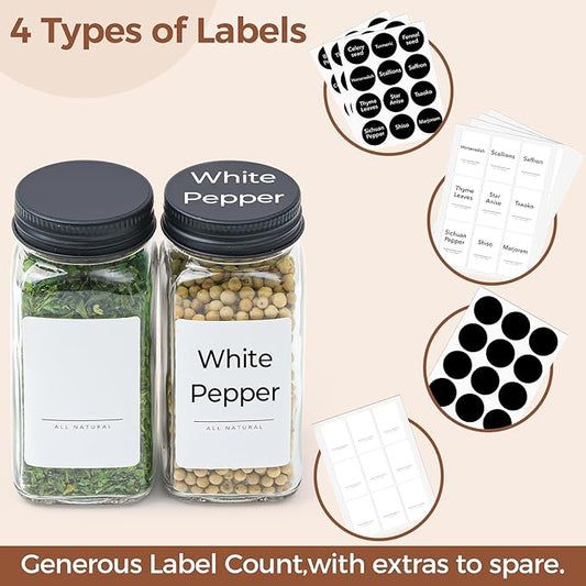ComSaf 24Pcs 4oz Glass Spice Jars with Shaker Lids, 93 Labels, a Handy Funnel, a Pepper Grinder, Empty Spice Containers and Square Spice Bottles for Kitchen and Seasoning