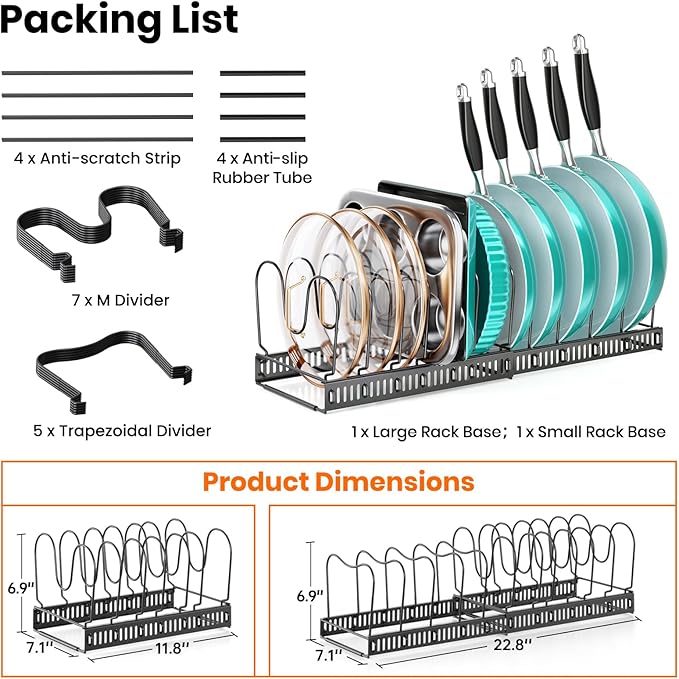 MUDEELA Expandable Pots and Pans Organizer Rack under Cabinet, Pots Lid Organizer Rack for Kitchen Cabinet Organizers and Storage with 12 Adjustable Dividers and Anti-scratch Strip