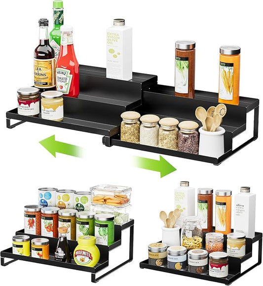 RCHYFEED Spice Rack Organizer for Cabinet, Set of 2 Metal 3 Tier Spice Rack Expandable Display Risers, Seasoning Organizer for Kitchen Cabinet Countertop Pantry Spice Organizer