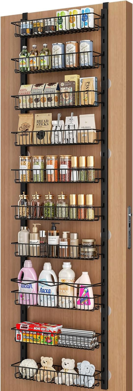 Over the Door Pantry Organizer, 10-Tier Adjustable Spice Rack Cabinet Door Shelves, Hanging Seasoning Organizer for Kitchen Bathroom, Laundry Room Organization, Black