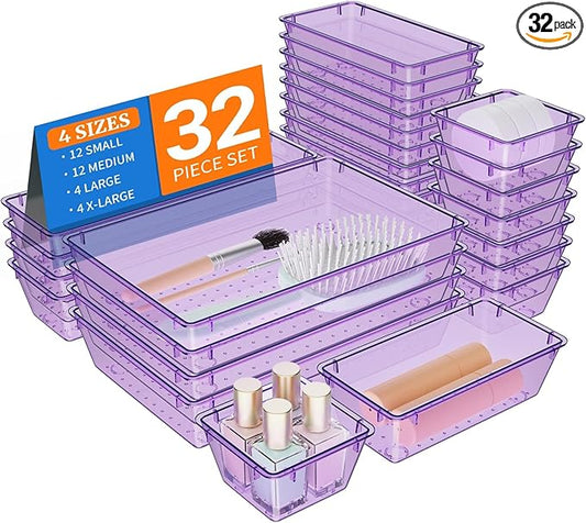 32 PCS Clear Plastic Drawer Organizer Set, 4-Size vanity organizer Trays and Storage Bins for Makeup, Jewelry and Gadgets in Bedroom, Bathroom and Office, Clear Purple