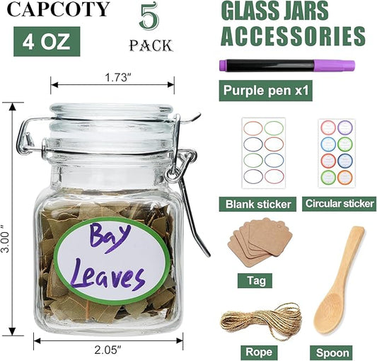 Brajttt Small Glass Jars with Lids,4 oz Spice Jars with Labels,Small Glass Containers with Airtight Hinged Lid for Home Kitchen, Arts & Crafts Projects, Spices, Decoration, Snack Foods (5 Pack)