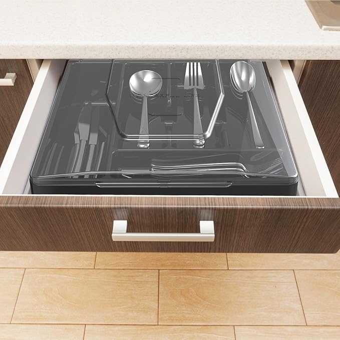 Double Layer Silverware Tray with Lid, Utensil Holder for Countertop Flatware Organizer for Kitchen Drawers with 2 Tier Cutlery Tray and 9 Compartments Silverware Storage Bin (Black)