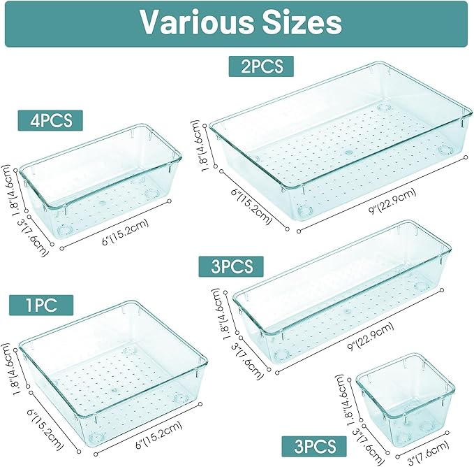 WOWBOX 13 PCS Plastic Drawer Organizer Set, 5 Sizes Desk Drawer Divider Organizers and Storage Bins for Makeup, Jewelry, Gadgets for Kitchen, Bedroom, Bathroom, Office