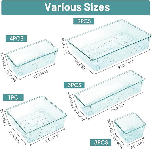 WOWBOX 13 PCS Plastic Drawer Organizer Set, 5 Sizes Desk Drawer Divider Organizers and Storage Bins for Makeup, Jewelry, Gadgets for Kitchen, Bedroom, Bathroom, Office