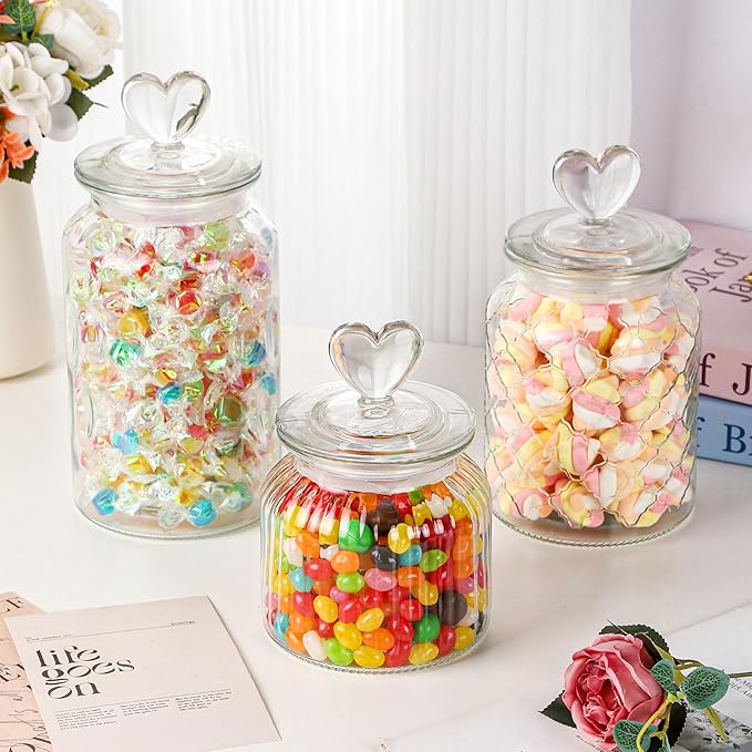 WHJY Set of 2 32oz Airtight Glass Jars Decorative Jars, Jar of Hearts Cute Cookie Jar Decorative Jars with Lids Candy Jars for Candy Buffet Heart Shaped Lid - Grid Textured