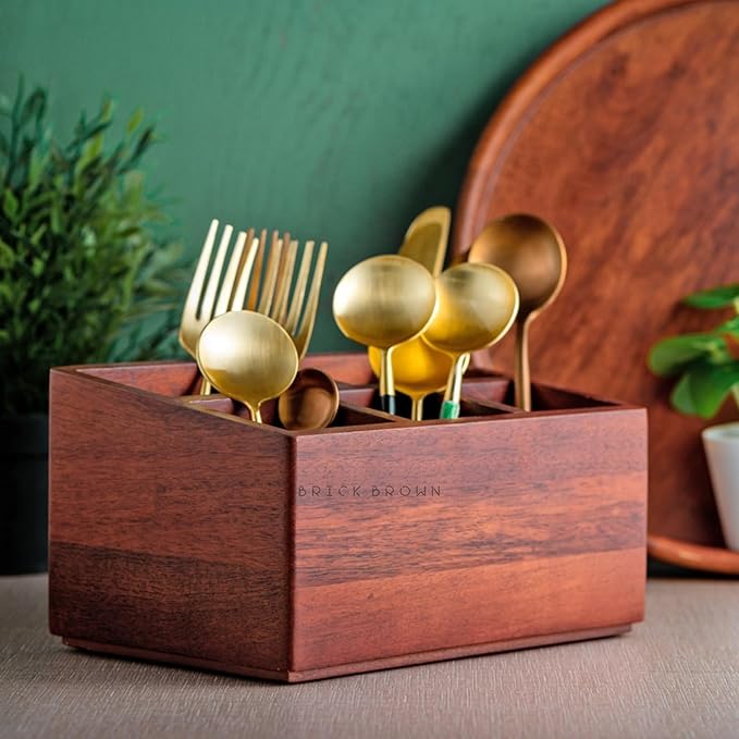 Premium Handcrafted Wooden Spoon stand for kitchen | cutlery holder for dining table | wooden caddy storage organiser stand with 5 section Mahogany Finish(8.75x6x4.5 inch)