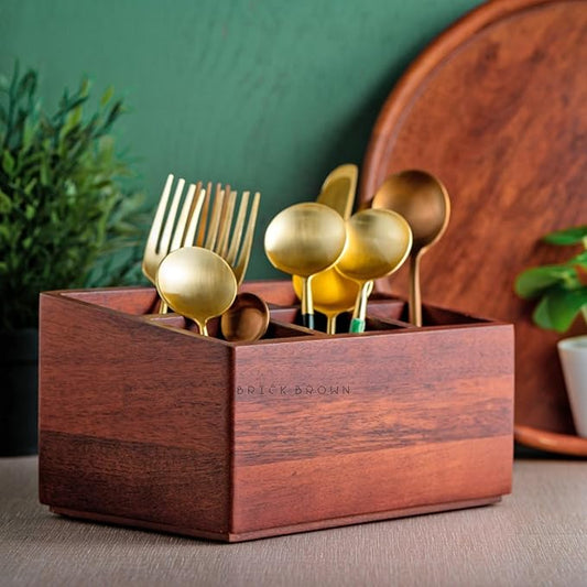 Premium Handcrafted Wooden Spoon stand for kitchen | cutlery holder for dining table | wooden caddy storage organiser stand with 5 section Mahogany Finish(8.75x6x4.5 inch)
