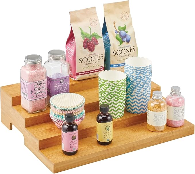 mDesign Bamboo Spice and Food Kitchen Cabinet Pantry Shelf Organizer - 4-Tier Storage - Modern Compact Caddy Rack - Holds Spices/Herb Bottles, Jars - for Shelves, Cupboards, Refrigerator - Clear