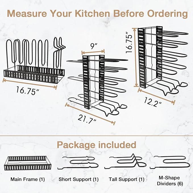 Pot Rack Organizer for Cabinet - Adjustable Pot Lid Holder & Pan Organizer Rack, Heavy-Duty Steel Cookware Storage for Kitchen Cabinet & Drawer Organization, Fits Pots, Pans, Lids