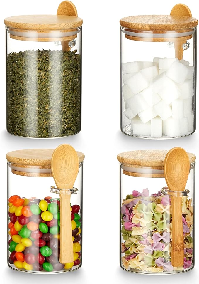 Mfacoy Set of 4 Airtight Glass Jars with Bamboo Lids & Spoons, 17 oz Borosilicate Overnight Oats Containers with Lids, Clear Food Storage Canister for Cookie, Candy, Coffee, Sugar, Matcha Tea, Flour