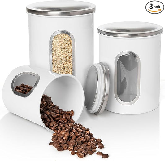 Mixpresso 3 Piece White Canisters Sets For The Kitchen, Kitchen Jars With See Through Window, Airtight Coffee Container Tea Organizer & Sugar Canister, Kitchen Canisters Set of 3 White Kitchen Decor.
