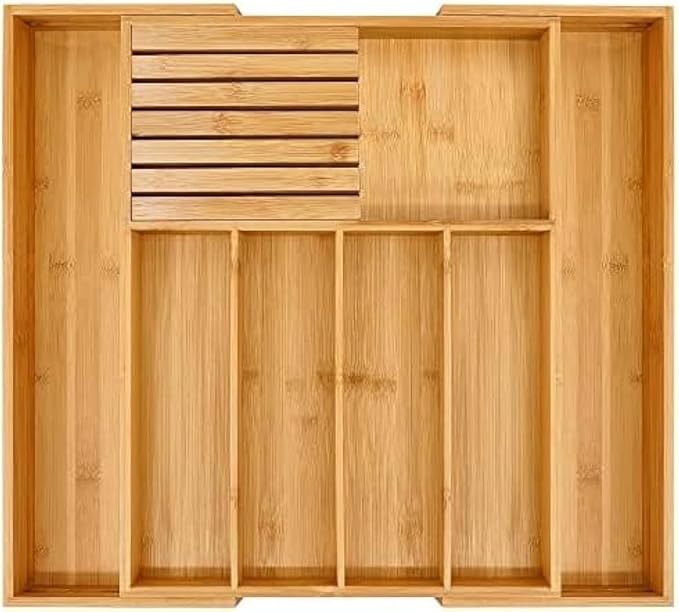 NEW Supplier: Bamboo Wood Drawer Organizer, Silverware Drawer Organizer, Kitchen Drawer Organizer with Drawer Dividers and removable knife block. – 12.75-22 x 17 x 2 In (Brown)