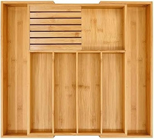 NEW Supplier: Bamboo Wood Drawer Organizer, Silverware Drawer Organizer, Kitchen Drawer Organizer with Drawer Dividers and removable knife block. – 12.75-22 x 17 x 2 In (Brown)