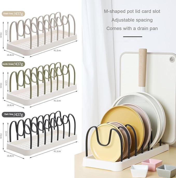 Pot and Pan Organizer, 8 Adjustable Compartment Pan Lid Organizer for Cabinet Drawer for Pot Lid Holder Bakeware Cutting Boards Cookware Dishes (Dark Grey)