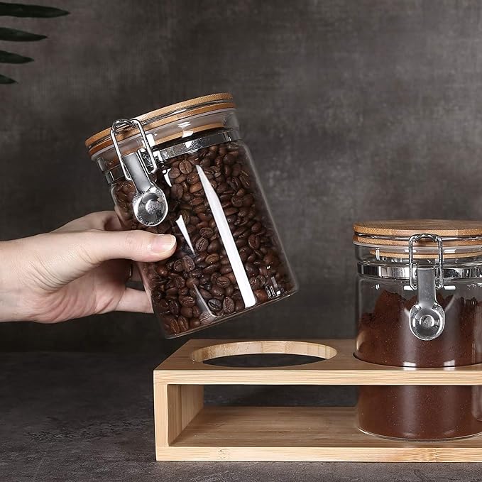 KKC HOME ACCENTS Air Tight Glass Coffee Sugar Tea Storage Containers set 3 with Clamp Lid and Spoons,Airtight Sealed Glass Jars Canisters with Scoops for Ground Coffee or Bean,Loose Tea,Sugar,27 Fl oz