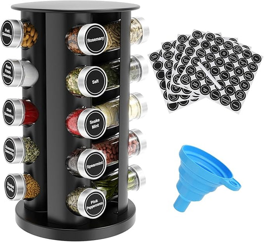 Rotating Spice Rack Organizer, Spice Tower for Countertop, Revolving Spice Rack Set for Cabinet, Black Steel Kitchen Seasoning Organizer with 20 Jars and Funnel