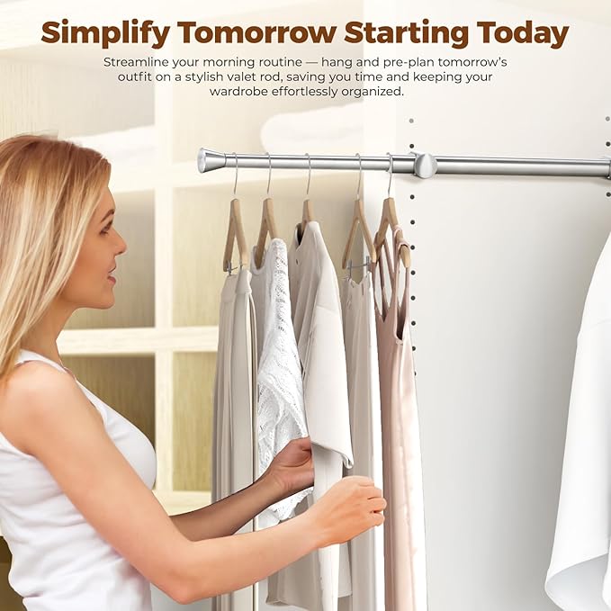 12" Pull-Out Valet Rod for Closet Organization, Add Extra Hanging Space 304 Stainless Steel Closet Rods, Space-Saving Design for Small Closets,Silver