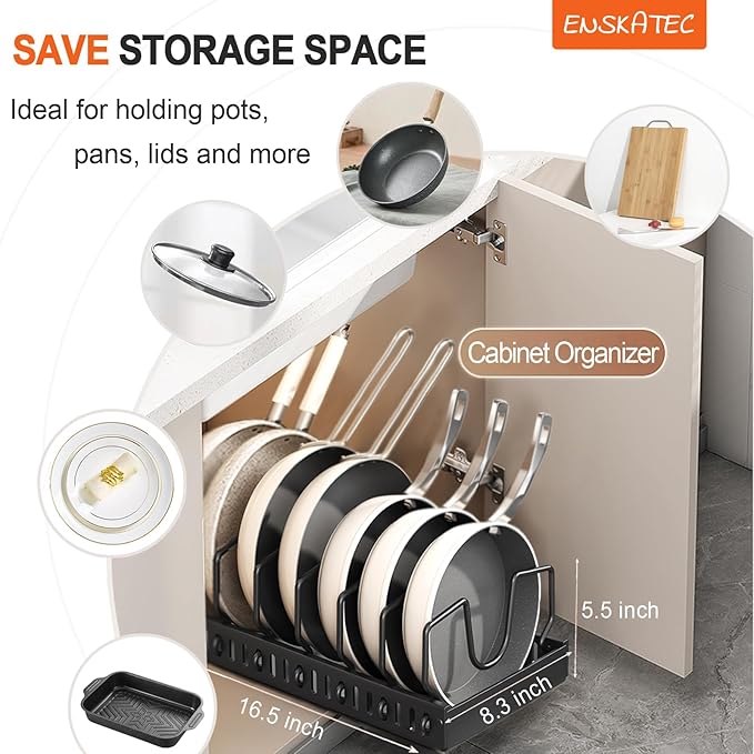 Pots and Pans Organizer Under Cabinet, Sliding Pot Lid Holder and Pan Rack in Kitchen, Pull out Pot and Pan Organizer, for Pot Lid, Bakeware, Dishes, Pots and Pans Storage