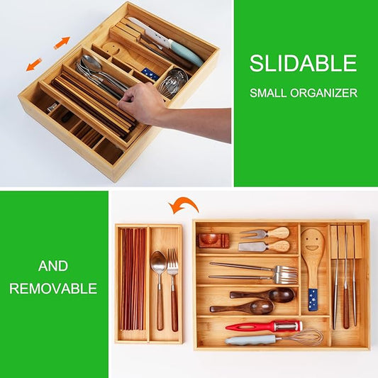Double layer Bamboo Kitchen Drawer Organizer, Utensil Silverware Organizer, Cutlery Tray, With Slidable & Removable Utensil Tray, With Knife Holder, Flatware Organizer,Multi-use storage box