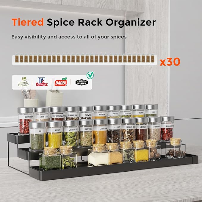 Expandable Spice Rack Organizer - 3 Tier Adjustable Spice Organizer for Cabinet & Countertop - Easy Visibility - Black