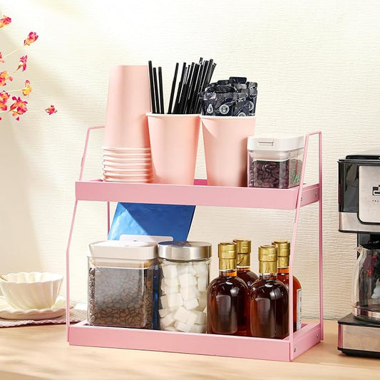 Countertop Coffee Station Organizer, 2 Tier Pink Wooden Shelf for Coffee Bar Accessories, Condiment Storage Caddy for Kitchen, Bathroom, Office