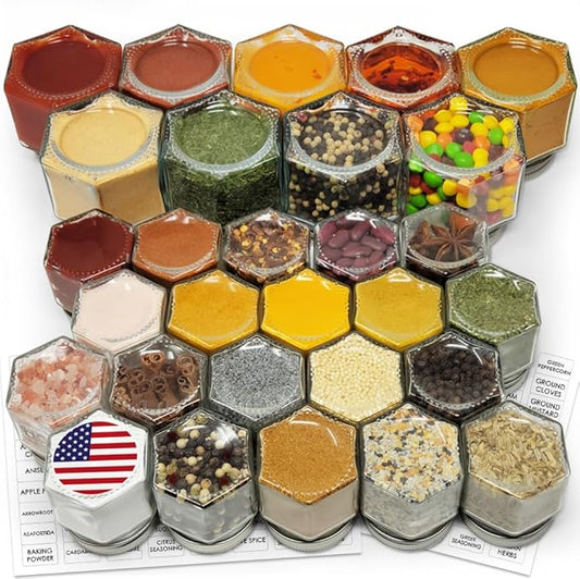 Magnetic Spice Jars Combo Pack 29 Set (9 Large 4 oz + 20 Small 2 oz) Refrigerator Hexagon Glass Spice Jar Magnetic Lid Shaker Spice Labels Magnetic Glass Spice Containers for RV Kitchen Fridge Cabinet