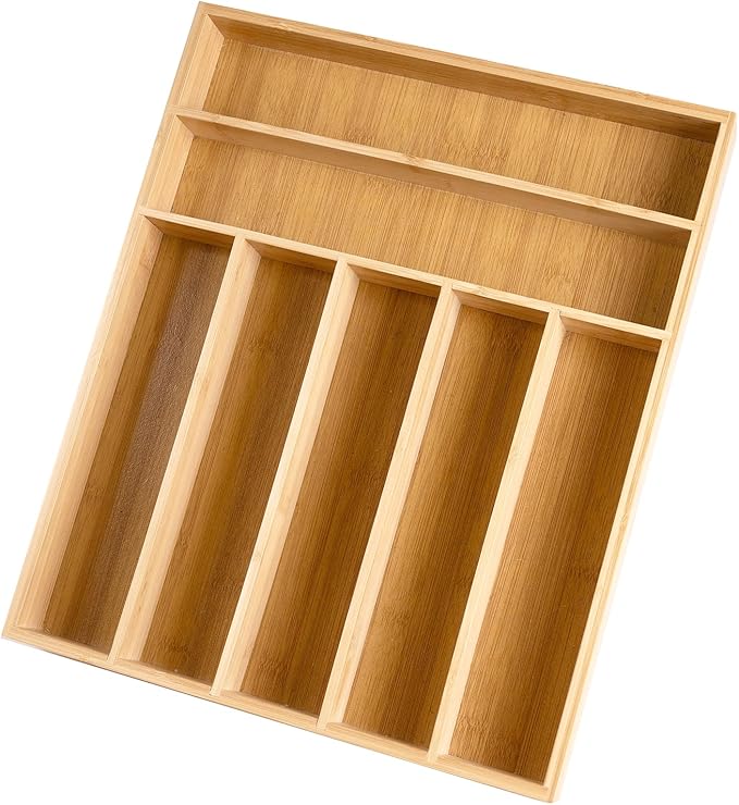 Silverware Organizer Bamboo Kitchen Drawer Organizer with 7 Slots Flatware Organizer Tray for Kitchen, Flatware, Utensils(Natural)