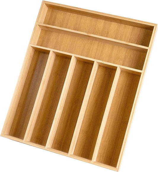 Silverware Organizer Bamboo Kitchen Drawer Organizer with 7 Slots Flatware Organizer Tray for Kitchen, Flatware, Utensils(Natural)
