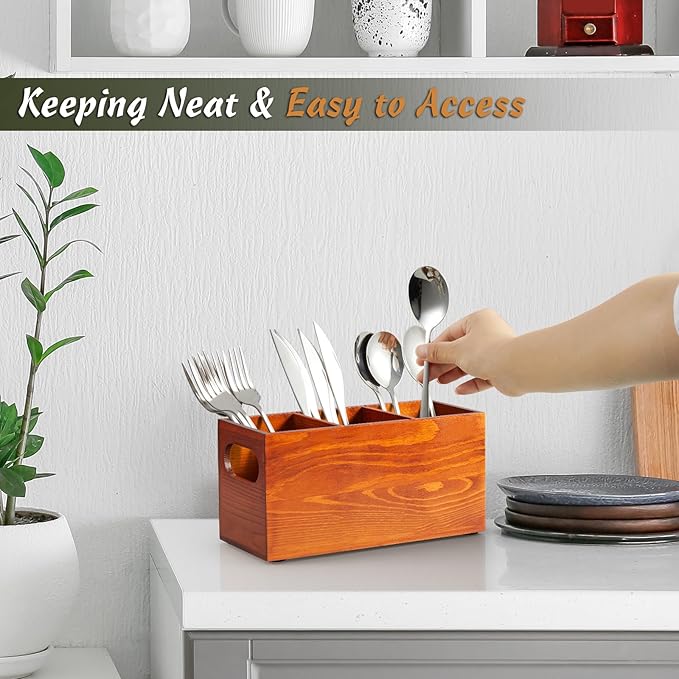 DRASTAR Silverware Caddy for Party, Wooden Flatware Cutlery Holder, Kitchen Utensil Holder for Countertop, Silverware Organizer Containers, Brown