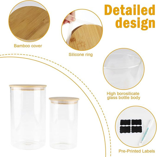 2 Pack 140oz+40oz Glass Food Storage Jars with Bamboo Lids Airtight, Clear Glass Storage Containers Food Canisters for Flour, Candy, Cookie, Nuts, Kitchen Pantry Organization Jar, BPA Free