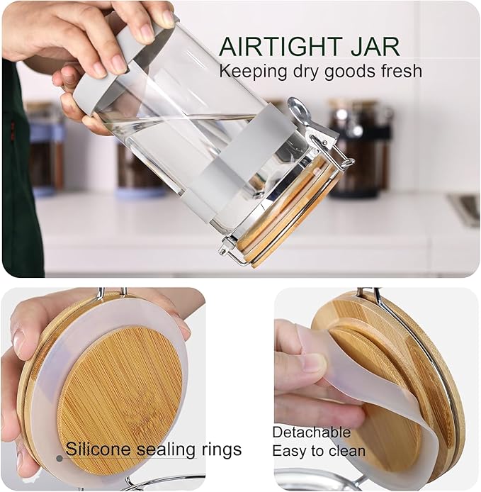 KKC HOME ACCENTS Airtight Clear Glass Food Storage Jar with Clamp Lid and Scoop,Glass Canister with Sealed Bamboo Lid for Loose Tea,Coffee Bean,Nut,Sugar,40 Fluid Ounce
