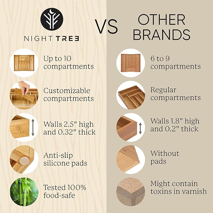 Night Tree Deep Bamboo Drawer Organizer – Expandable Utensil and Silverware Tray for Kitchen Cutlery and Flatware, Large Size (21.6" or 13.7" x 17" x 2.5")