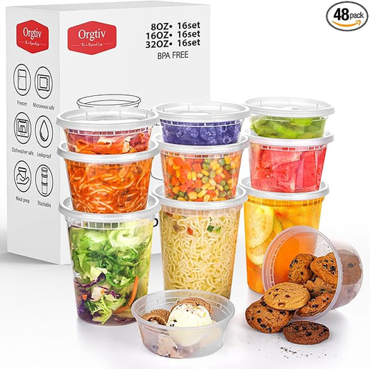[48 Sets-8,16,32oz Plastic Deli Containers with Lids,Freezer Food Storage Containers Airtight,Disposable Take out Deli Cups for Soup Slime Meal Prep Leftover,BPA Free Clear Round Food Box