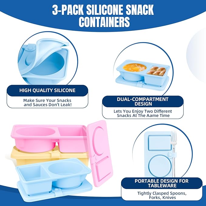 3 Pack Silicone Reusable Snack Containers with Lids, Cute Double Compartment Snackle Box Containersfor Dips Salad Condiment, Small Food Snack Case for Travel, School, Picnics