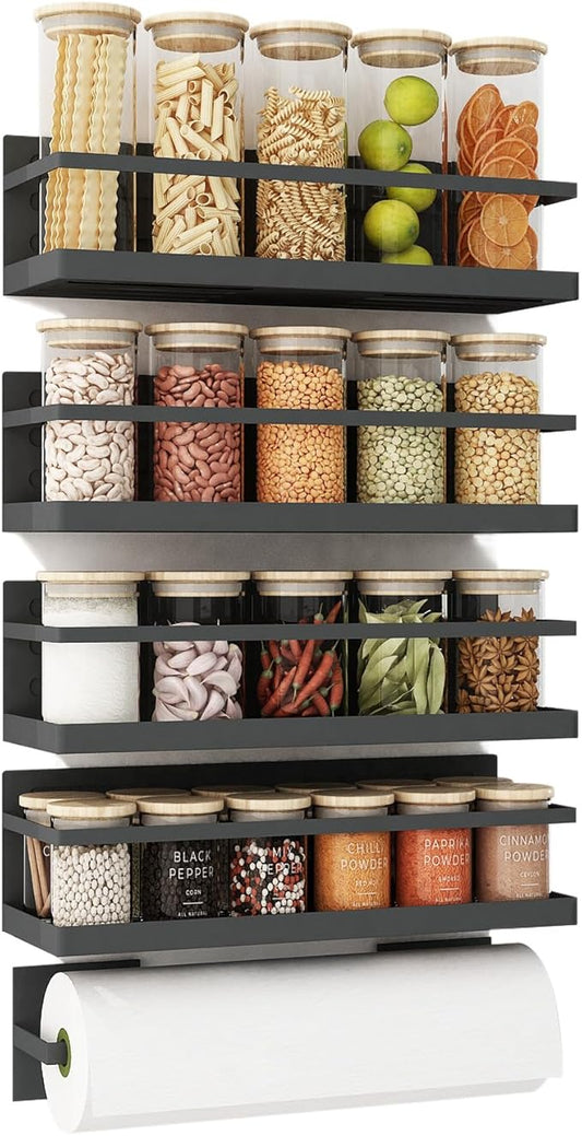 Magnetic Spice Rack for Refrigerator Magnetic Fridge Shelf for Kitchen Spice Organizer Magnetic Shelf for Fridge Space Saving Black 4 Pack with Magnetic Paper Towel Holder