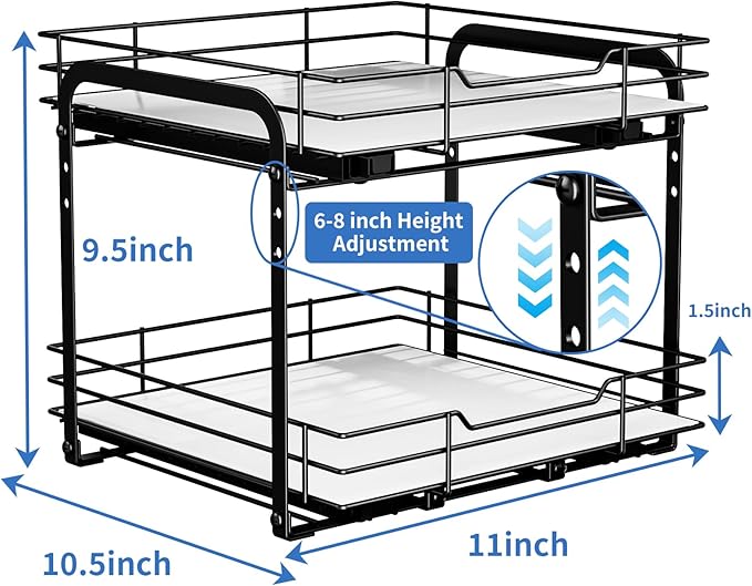 2-Tier Spice Rack Organizer, Pull Out Spice Rack for Cabinet, Height Adjustable Heavy Duty Metal Basket for Inside Cabinets & Pantry (11.5''Wx10.5''Dx9.5''H)