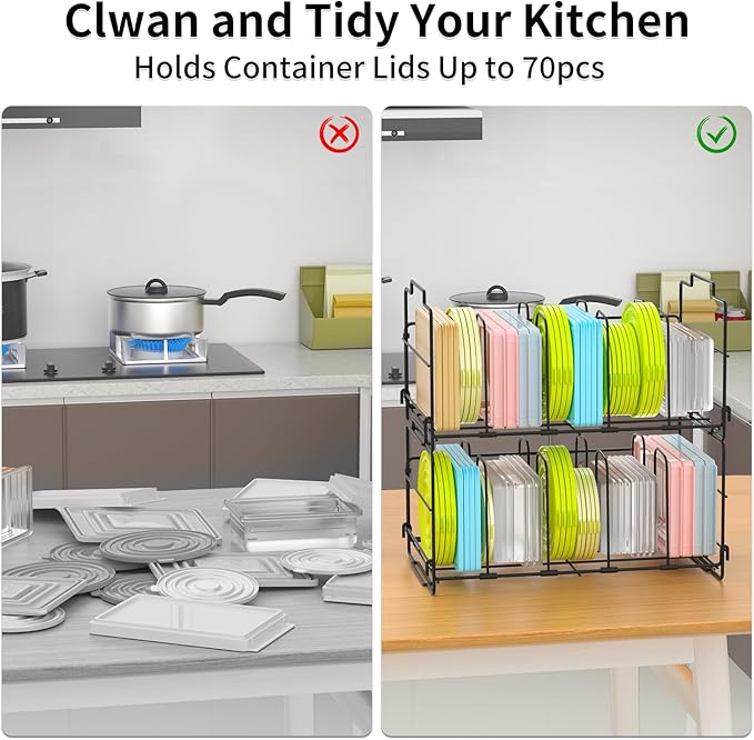 2 Tiers Stack Food Storage Container Lid Organizer 8 Dividers Storage Container Lid Holder Rack for Cabinets, Cupboards, Pantry Shelves, Drawers to Keep Kitchen Tidy, Black