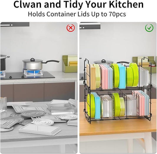 2 Tiers Stack Food Storage Container Lid Organizer 8 Dividers Storage Container Lid Holder Rack for Cabinets, Cupboards, Pantry Shelves, Drawers to Keep Kitchen Tidy, Black