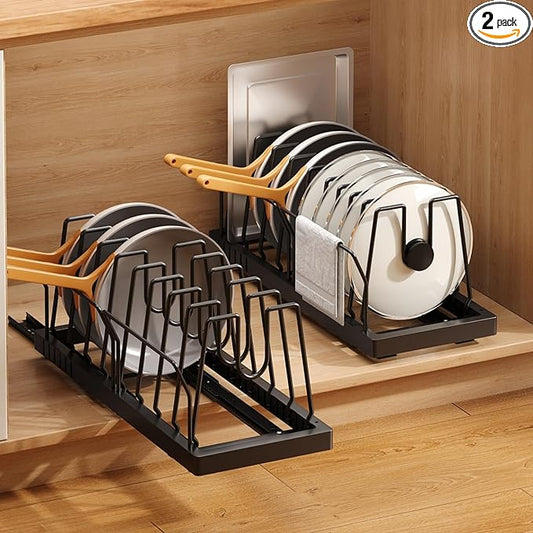 2 Pack Pots and Pans Organizer Under Cabinet, 21.6" Deep Pull Out Pot Lid Organizer Holder with Guardrail Adhesive Pot and Pan Holder Rack with 10 Adjustable Dividers(Black)