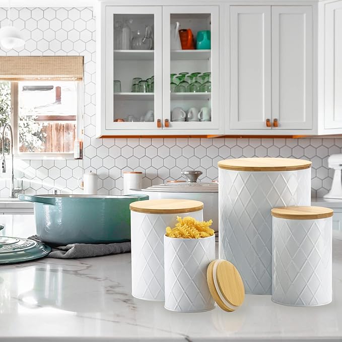 White Kitchen Canisters Set with Wooden Lids, Airtight Sugar, Flour, Coffee, Cookie Storage Canister Sets for Kitchen Countertop, Farmhouse Decor, 4 Pack