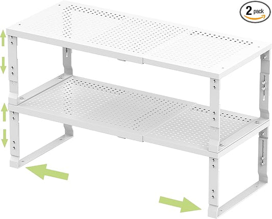Adjustable Expanable Stackable Spice Rack Shelf Pantry Storage Organizer for Kitchen Cabinet,Countertop,Bathroom and More.Space is no Longer Limited(2Packs/White/Large)